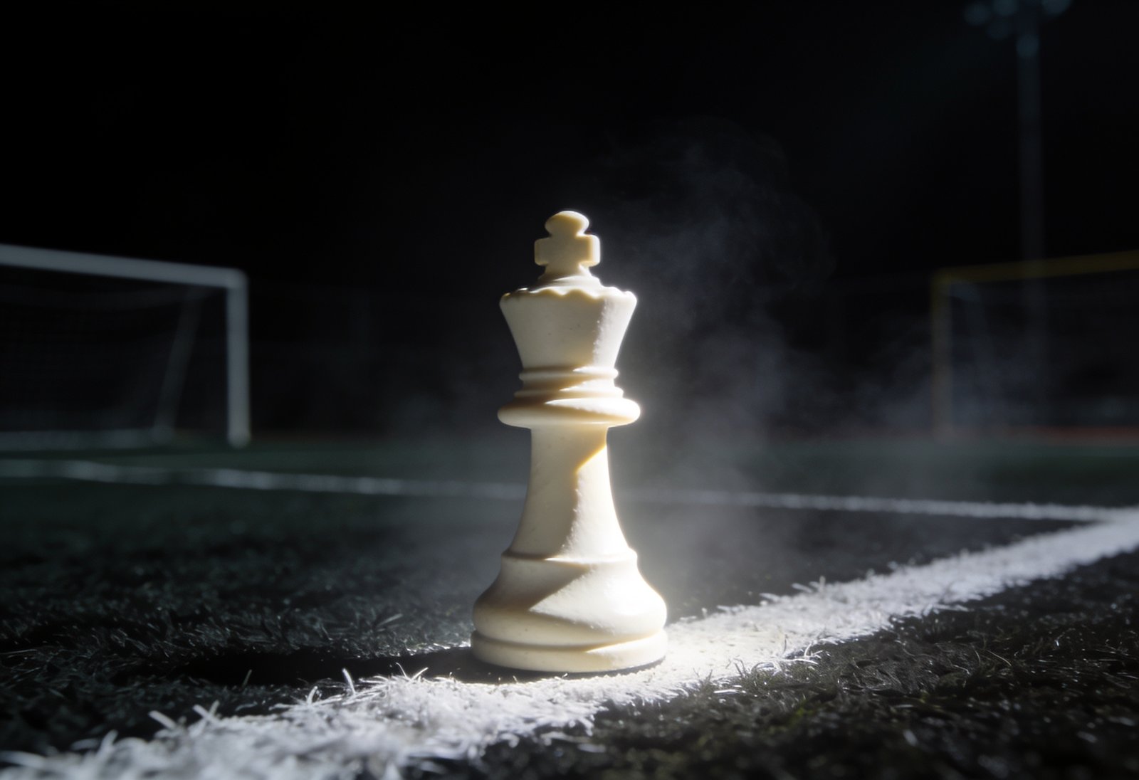 Peça de xadrez sobre a linha de um campo de futebol à noite