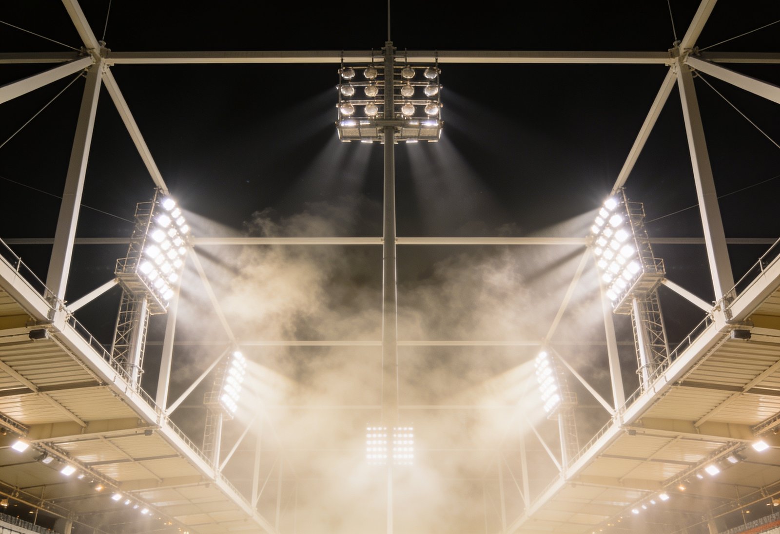 Refletores de estádio formando uma grade de luz à noite