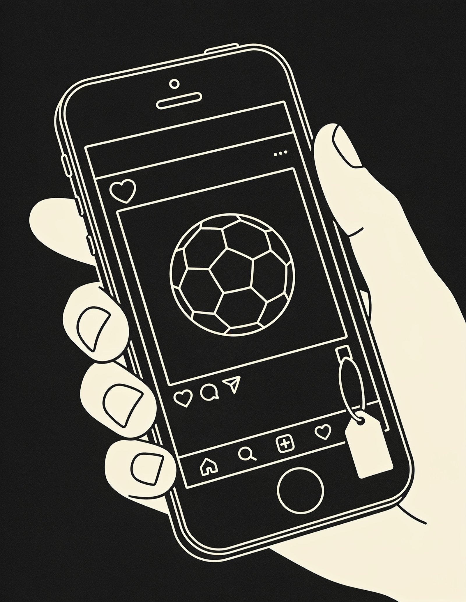 Ilustração de celular com post de futebol e etiqueta de preço
