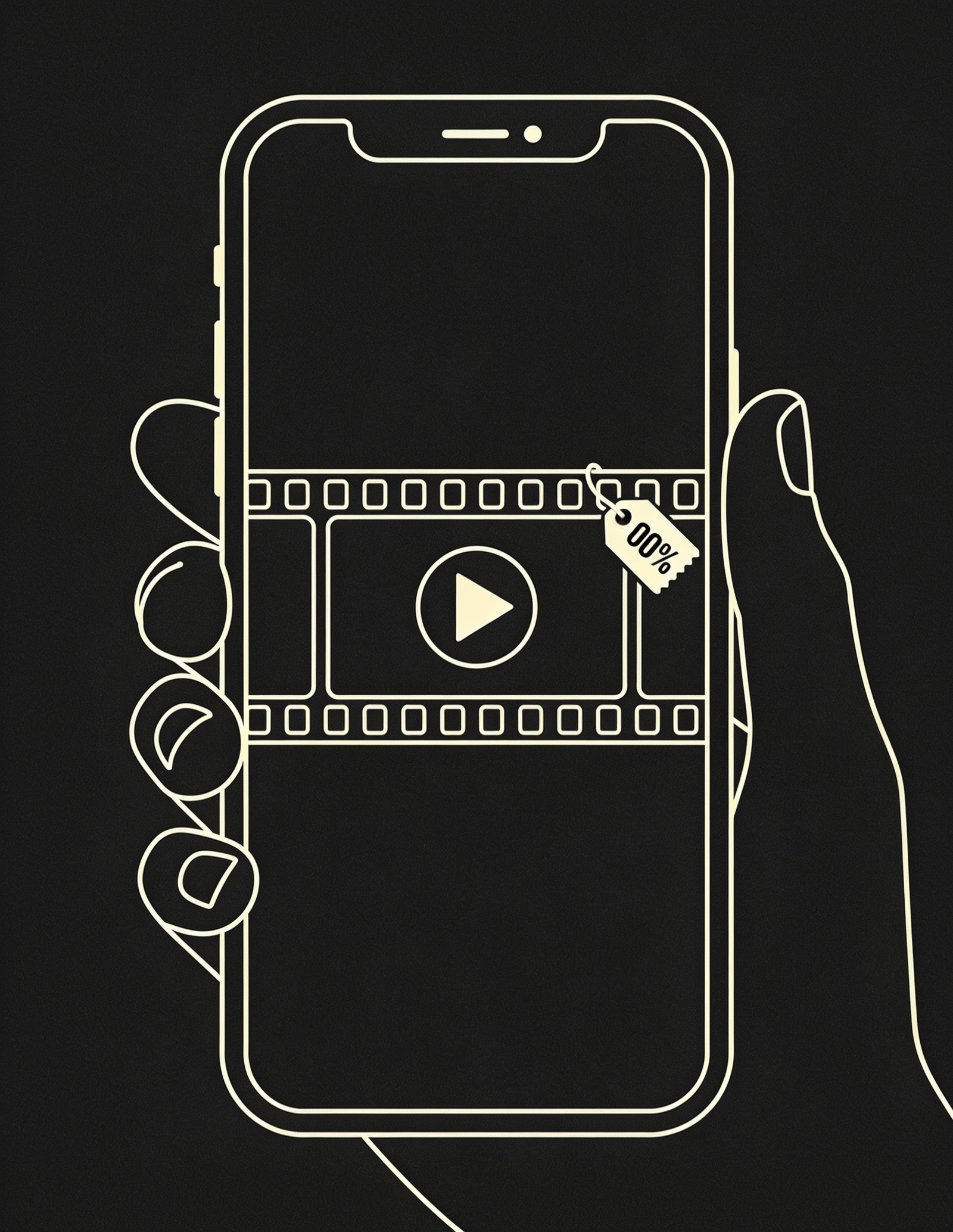 Ilustração de celular exibindo um reels com etiqueta de desconto