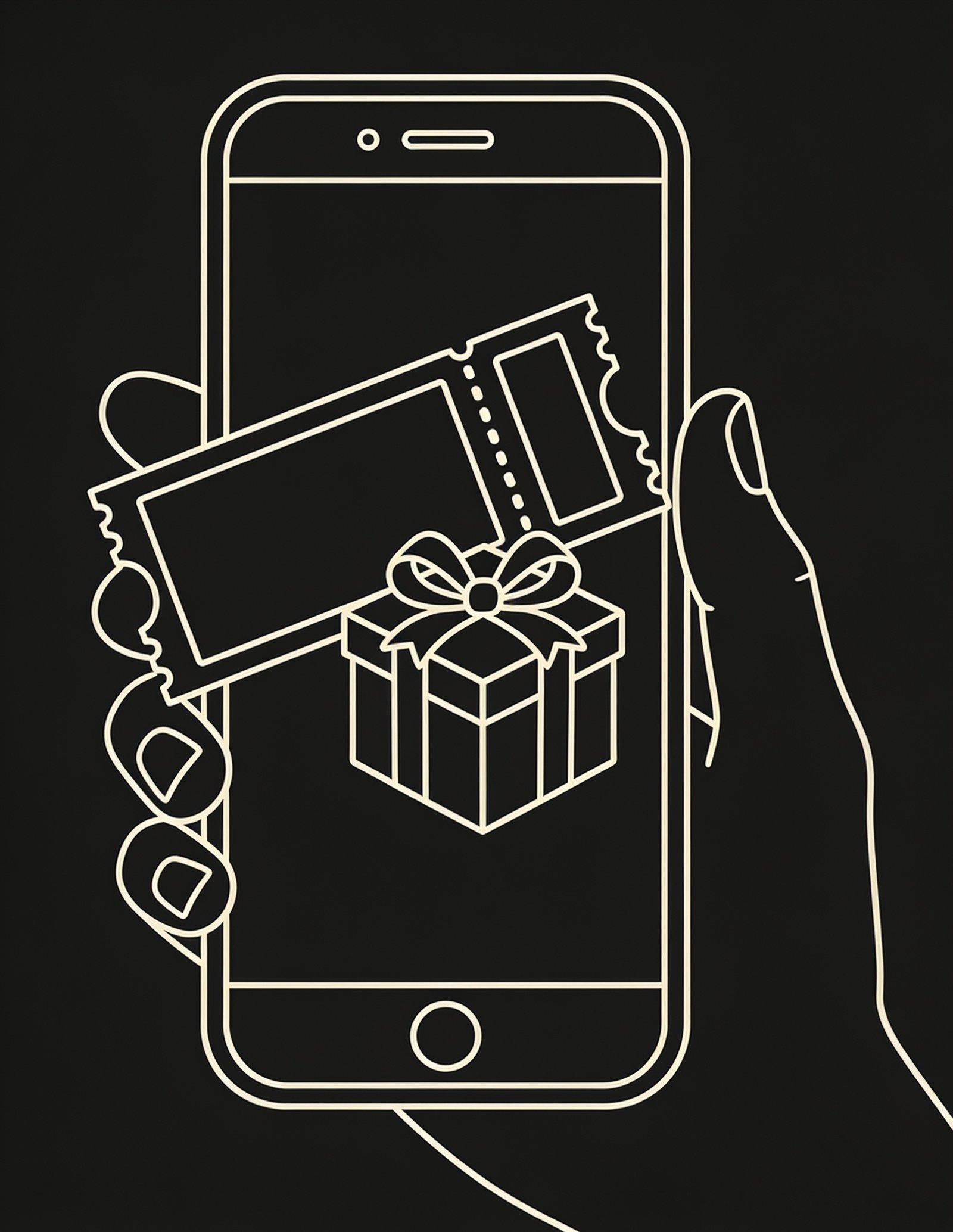 Ilustração de celular com ingresso e caixa de presente